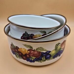 Vintage LincoWare Enamel Mixing Bowls Orchard Fruit Design Gold Rim Set of‎ 3